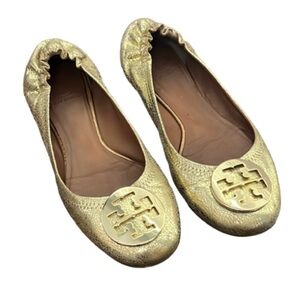 Tory Burch Flats Ballet Gold metallic leather textured snakeskin logos on toe 10